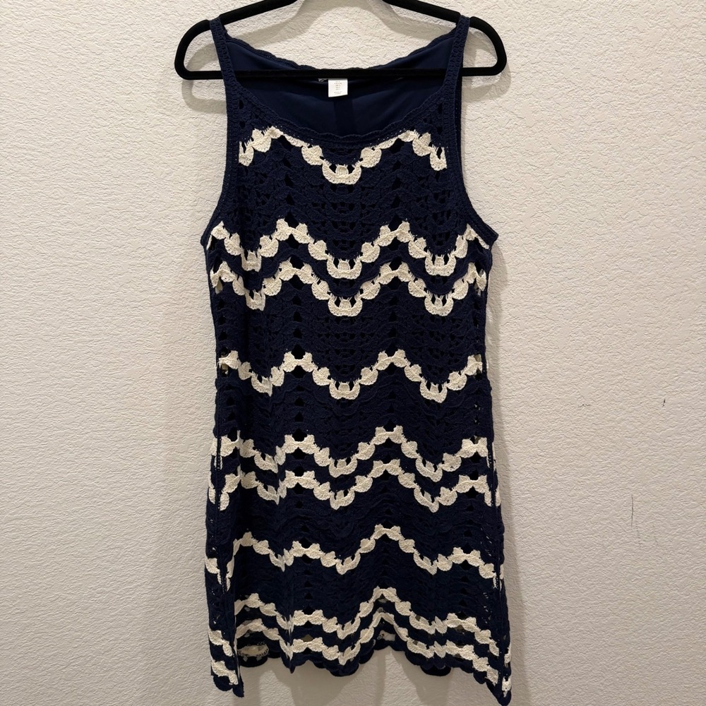 House of Harlow 1960 Navy Blue Cream Crochet Chevron Shift Mini Dress Large